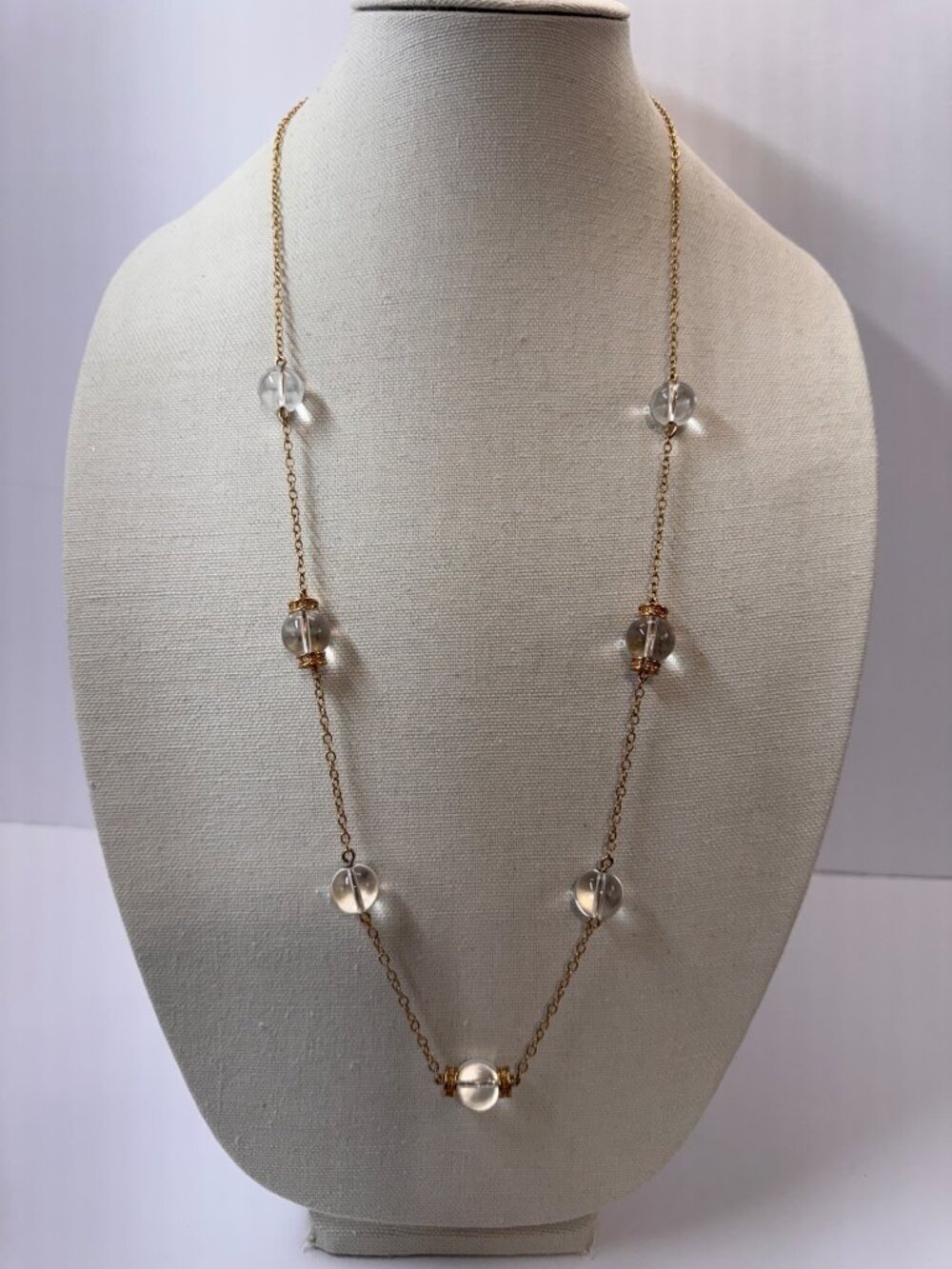 J Crew Clear Glass Bead Necklace Gold Tone Rhinestone Spacers Statement